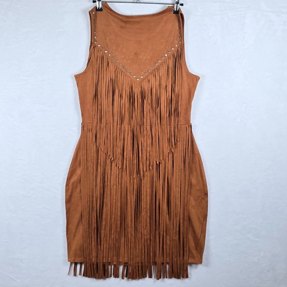 Idyllwind Garland Hippie Studded Fringe Faux Suede Sleeveless Mini Dress Sz.M - Picture 6 of 16